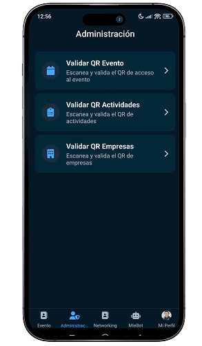 Pantalla de administración con las opciones de validar QR de evento, actividades y empresas